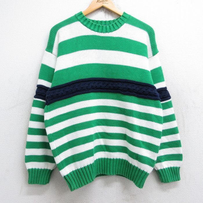 M/古着 トミーヒルフィガー 長袖 ブランド セーター メンズ 90s コットン クルーネック 緑他 グリーン ボーダー spe 25sep27 中古 ニット拍卖