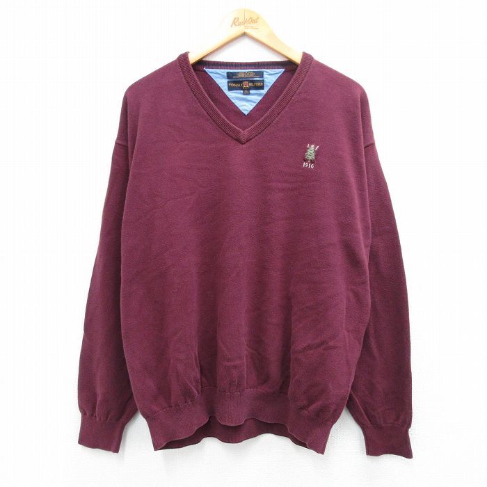 XL/古着 トミーヒルフィガー 長袖 ブランド セーター メンズ 90s ワンポイントロゴ ゴルフ コットン Vネック エンジ 25sep27 中古 ニット拍卖