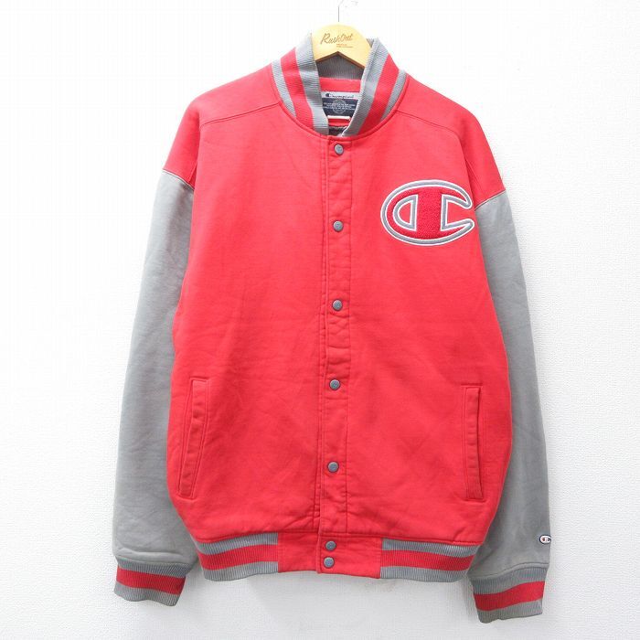 XL/古着 チャンピオン champion 長袖 スウェット ジャケット スタジャン メンズ 00s ビッグロゴ ツートンカラー 大きいサイズ 赤他 レッド拍卖