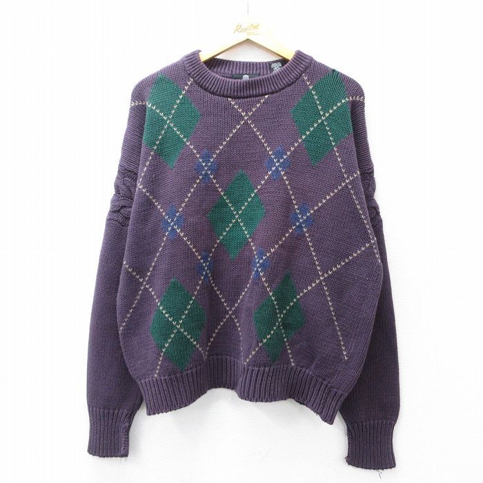 XL/古着 STRUCTURE 長袖 セーター メンズ アーガイル クルーネック 紫他 パープル 25sep29 中古 ニット トップス拍卖