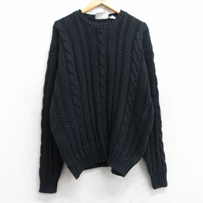 XL/古着 長袖 ケーブル セーター メンズ 90s コットン クルーネック 黒 ブラック 25sep27 中古 ニット トップス拍卖