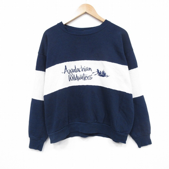 L/古着 長袖 スウェット メンズ 80s カヌー ツートンカラー クルーネック 紺 ネイビー 25oct01 中古 スエット トレーナー トップス拍卖