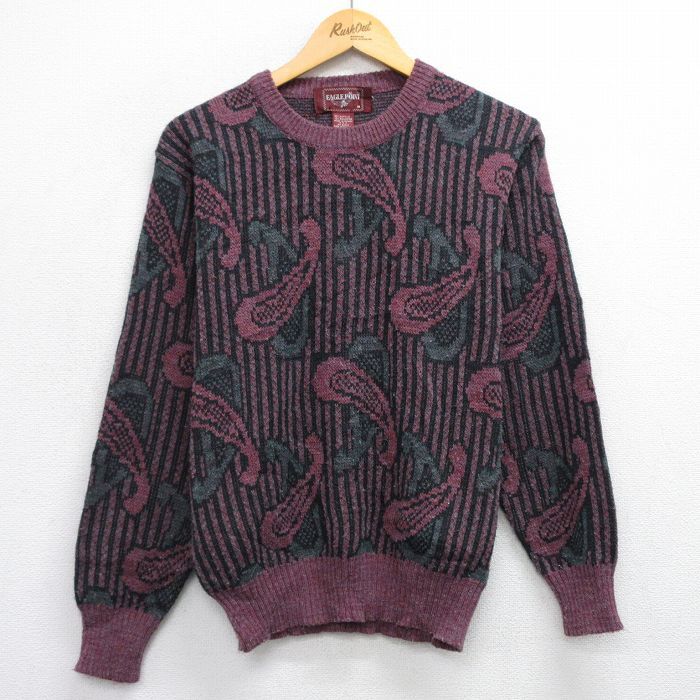 M/古着 長袖 セーター メンズ 90s ペイズリー柄 クルーネック エンジ他 25sep29 中古 ニット トップス拍卖