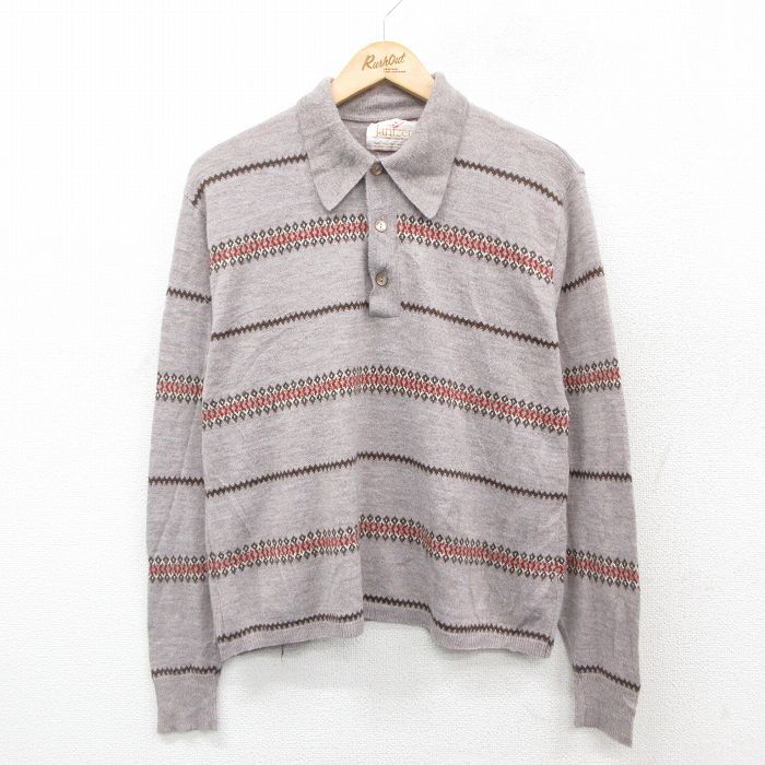 M/古着 ジャンセン 長袖 セーター メンズ 80s 襟付き ベージュ系 カーキ ボーダー 25oct06 中古 ニット トップス拍卖