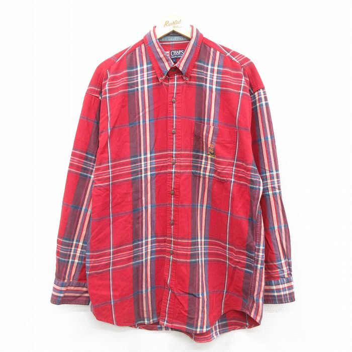 XL/古着 ラルフローレン チャップス 長袖 ブランド フランネル シャツ メンズ 90s ワンポイントロゴ ロング丈 コットン ボタンダウン 赤他拍卖