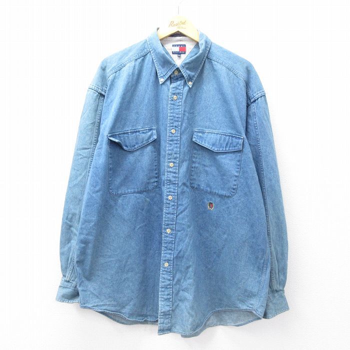 XL/古着 トミーヒルフィガー 長袖 ブランド シャツ メンズ 90s ワンポイントロゴ 大きいサイズ ロング丈 コットン ボタンダウン 紺 ネイビ拍卖