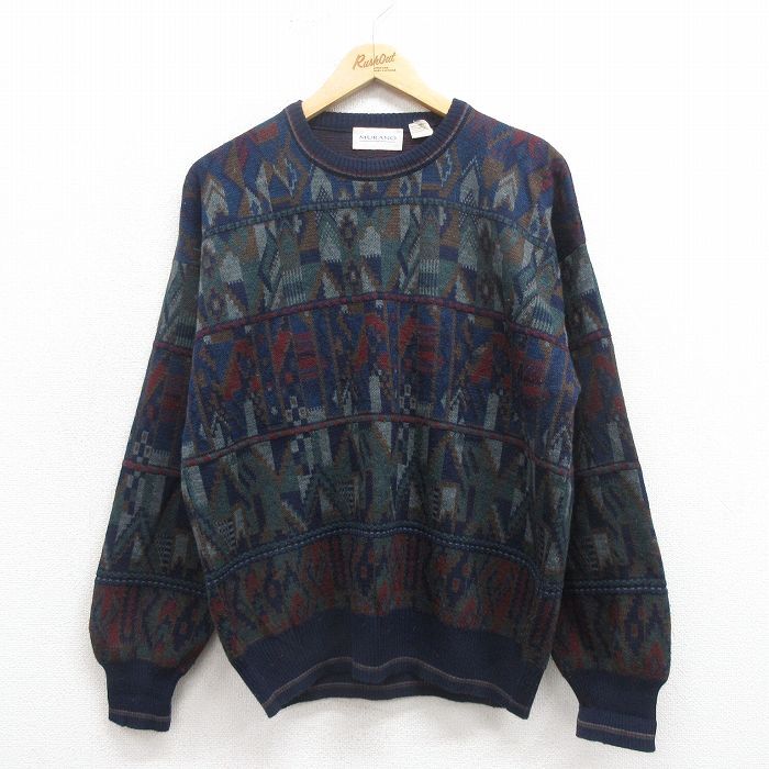L/古着 長袖 セーター メンズ 90s 総柄 紺他 ネイビー 25oct09 中古 ニット トップス拍卖