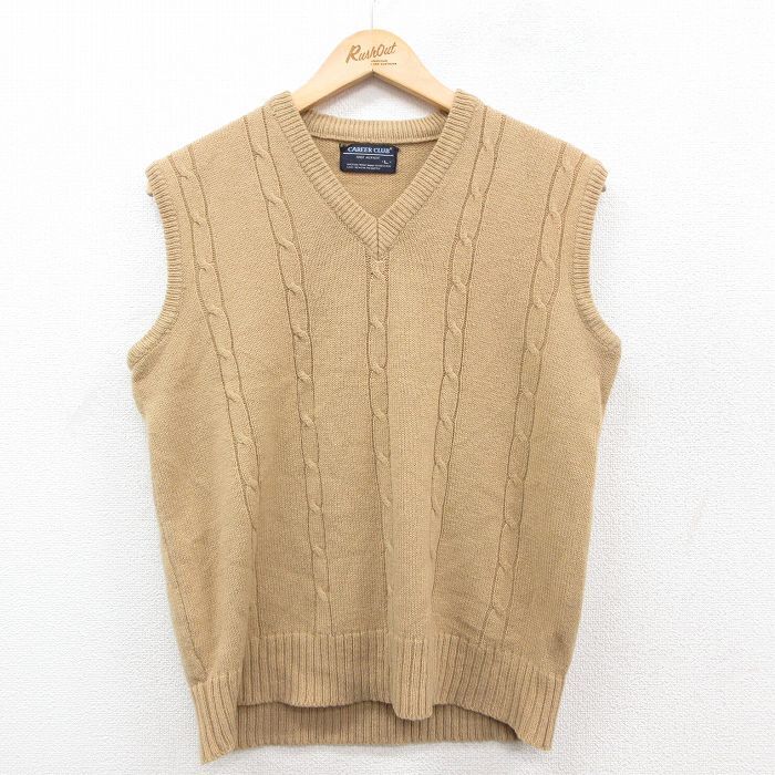M/古着 ケーブル ニット ベスト メンズ 80s アクリル Vネック ベージュ カーキ 25oct11 中古 トップス拍卖