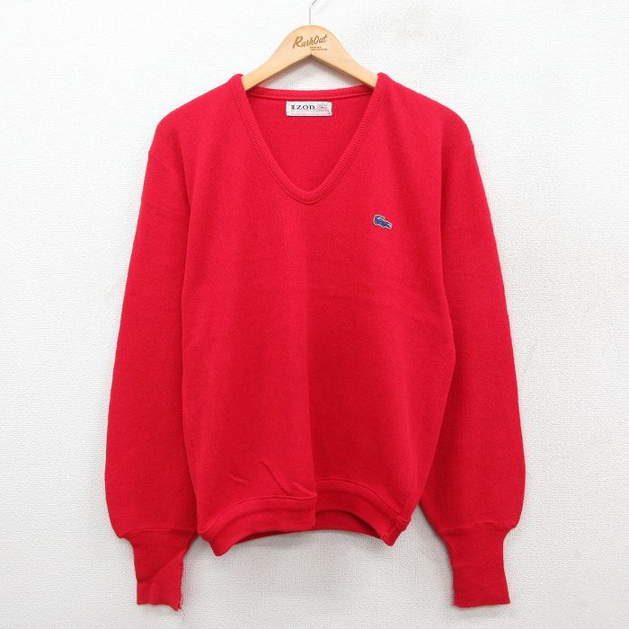 M/古着 ラコステ LACOSTE IZOD 長袖 セーター メンズ 70s ワンポイントロゴ アクリル Vネック 赤 レッド 25oct11 中古 ニット トップス拍卖