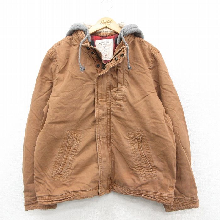 XL/古着 アメリカンイーグル 長袖 ジャケット パーカー メンズ ダック地 大きいサイズ コットン 茶系 ブラウン 内側フランネル フード内側拍卖