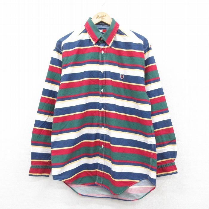 L/古着 トミーヒルフィガー 長袖 ブランド シャツ メンズ 90s ロング丈 コットン ボタンダウン 緑他 グリーン ボーダー spe 25oct15 中古拍卖