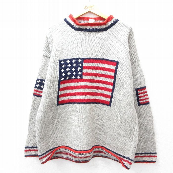 XL/古着 長袖 セーター メンズ 星条旗 ウール クルーネック グレー他 spe 25oct14 中古 ニット トップス拍卖