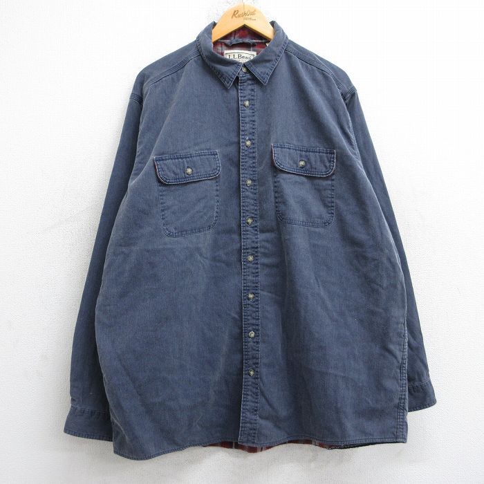 XL/古着 エルエルビーン LLBEAN 長袖 ブランド シャツ メンズ 00s 大きいサイズ ロング丈 コットン 紺 ネイビー 内側フランネル 25oct18 中拍卖