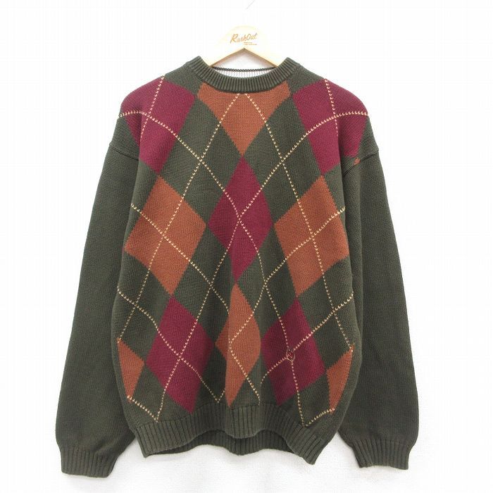 L/古着 トミーヒルフィガー 長袖 ブランド セーター メンズ 90s アーガイル ワンポイントロゴ コットン クルーネック 濃緑他 グリーン spe拍卖