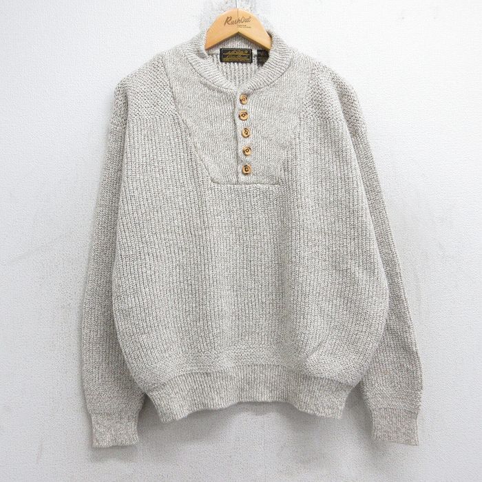 L/古着 エディーバウアー 長袖 セーター メンズ 90s 無地 コットン ヘンリーネック 薄ベージュ他 カーキ spe 25oct20 中古 ニット トップス拍卖