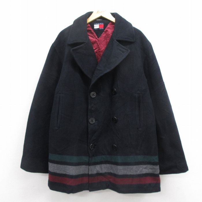 XL/古着 トミーヒルフィガー 長袖 ブランド ウール ピーコート Pコート メンズ 90s 大きいサイズ ロング丈 黒 ブラック 内側キルティング s拍卖