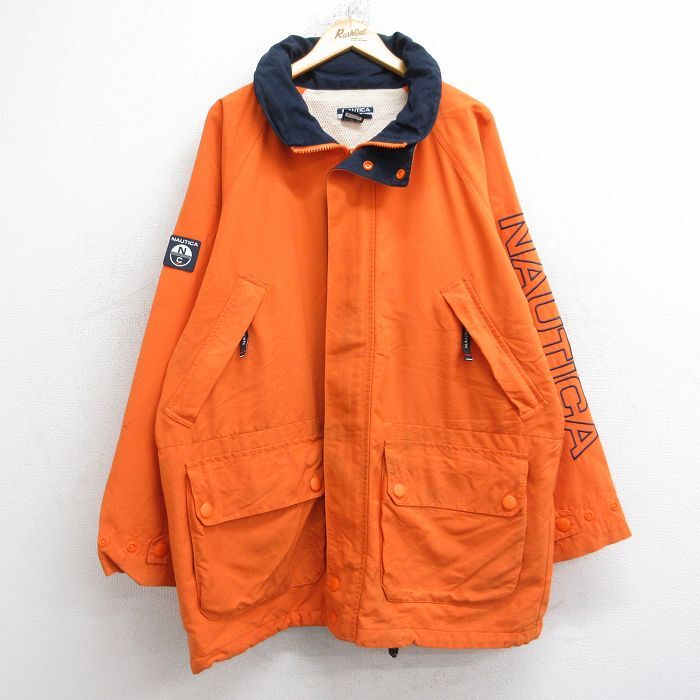 XL/古着 ノーティカ 長袖 ブランド ナイロン マウンテン ジャケット メンズ ビッグロゴ コンペティション ラグラン ロング丈 オレンジ 内側拍卖