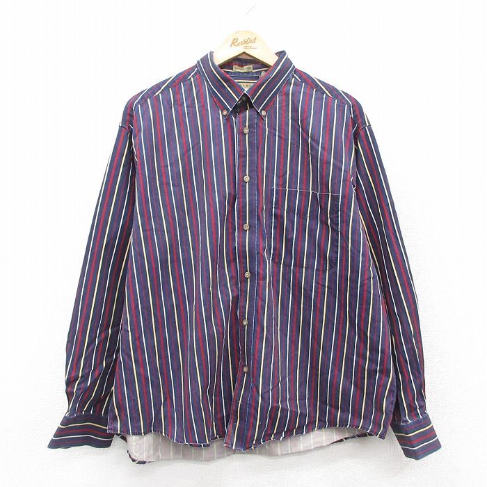 XL/古着 長袖 シャツ メンズ 大きいサイズ コットン ボタンダウン 紺他 ネイビー ストライプ 25oct17 中古 トップス拍卖