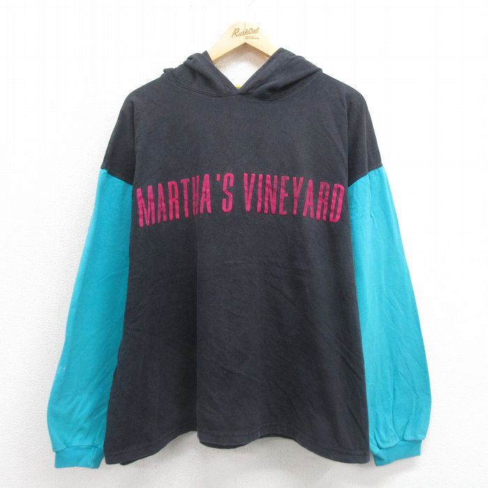 XL/古着 SPIRIT 長袖 ビンテージ Tシャツ パーカー メンズ 90s MARTHAS 大きいサイズ コットン 黒 ブラック 25oct23 中古拍卖