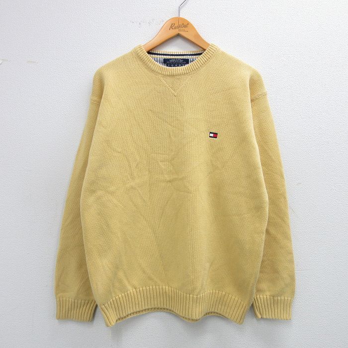 L/古着 トミーヒルフィガー 長袖 ブランド セーター メンズ 90s ワンポイントロゴ コットン クルーネック 黄 イエロー 25oct22 中古 ニット拍卖