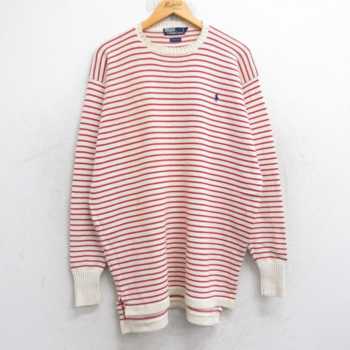 L/古着 ラルフローレン 長袖 ブランド セーター メンズ 90s ワンポイントロゴ コットン クルーネック 生成り他 ボーダー 25oct20 中古 ニッ拍卖