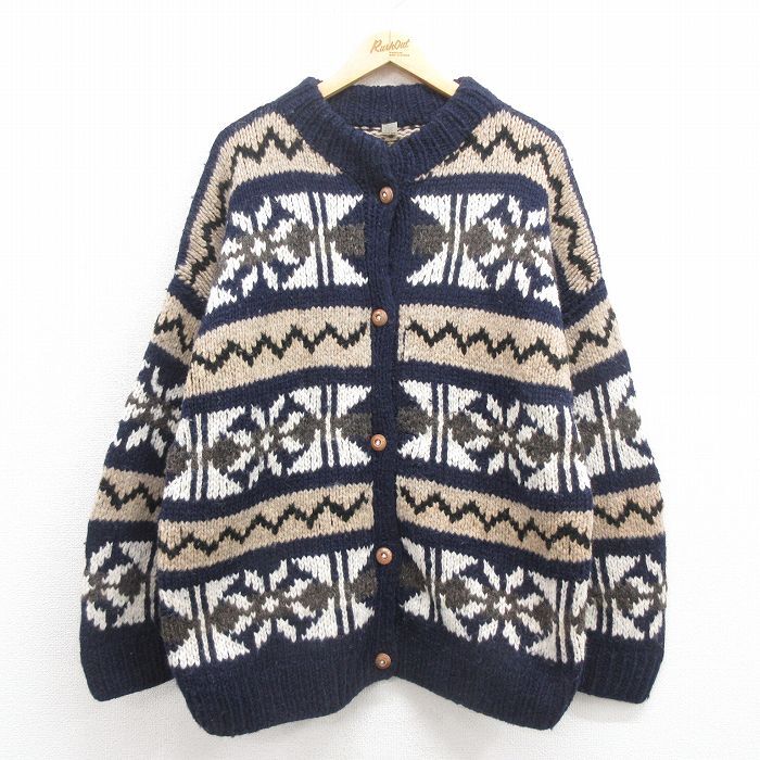古着 長袖 ノルディック ニット カーディガン レディース 雪柄 大きいサイズ ウール 紺 ネイビー spe 25oct22 中古 トップス拍卖