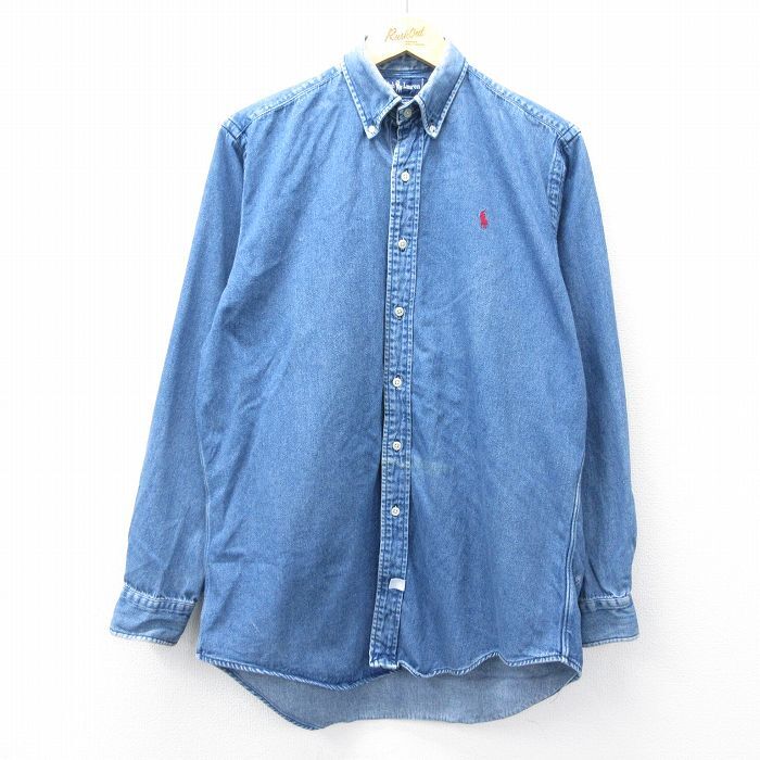 L/古着 ラルフローレン 長袖 ブランド シャツ メンズ 90s ワンポイントロゴ コットン ボタンダウン 紺 ネイビー デニム spe 25oct27 中古拍卖