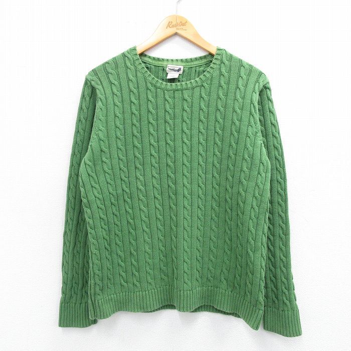 L/古着 エルエルビーン LLBEAN 長袖 ケーブル セーター メンズ 00s コットン クルーネック 緑 グリーン 25oct24 中古 ニット トップス拍卖