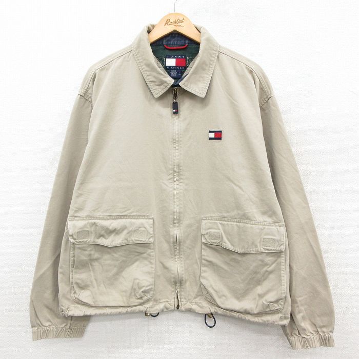 XL/古着 トミーヒルフィガー 長袖 ブランド ジャケット スイングトップ メンズ 90s ワンポイントロゴ 大きいサイズ コットン ベージュ カー拍卖