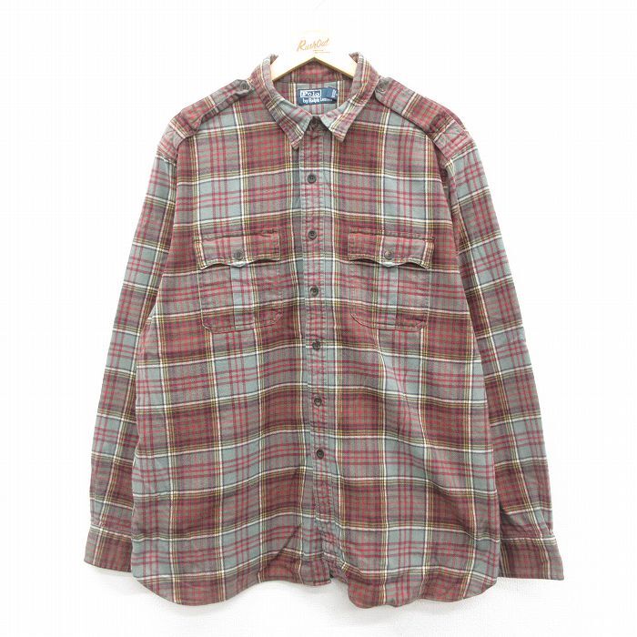 XL/古着 ラルフローレン 長袖 ブランド ヘビー フランネル シャツ メンズ 90s 大きいサイズ コットン 薄緑系他 グリーン チェック spe 25oc拍卖