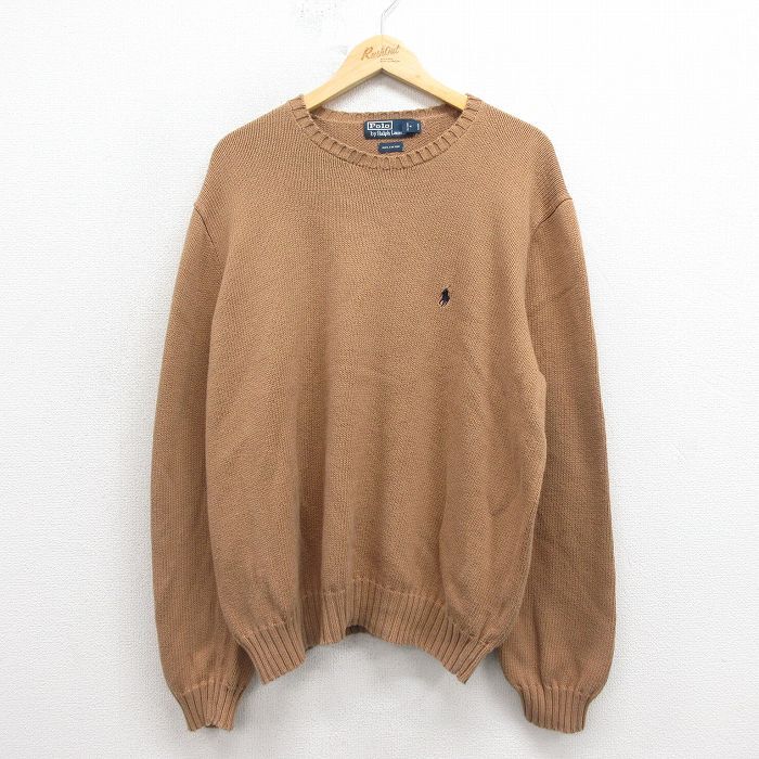 XL/古着 ラルフローレン 長袖 ブランド セーター メンズ 90s ワンポイントロゴ コットン クルーネック 茶 ブラウン spe 25oct25 中古 ニッ拍卖