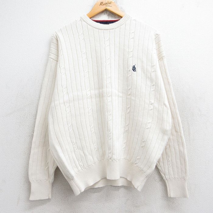 M/古着 ノーティカ 長袖 ブランド ケーブル セーター メンズ 90s ワンポイントロゴ コットン クルーネック 白 ホワイト 25oct28 中古 ニッ拍卖
