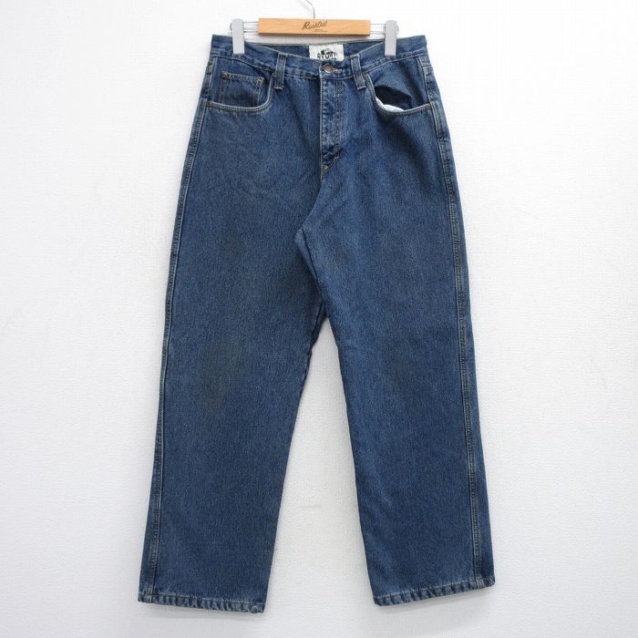 W31/古着 ジーンズ メンズ コットン 紺 ネイビー デニム 内側フリース 25oct24 中古 ボトムス ジーパン Gパン ロング パンツ拍卖