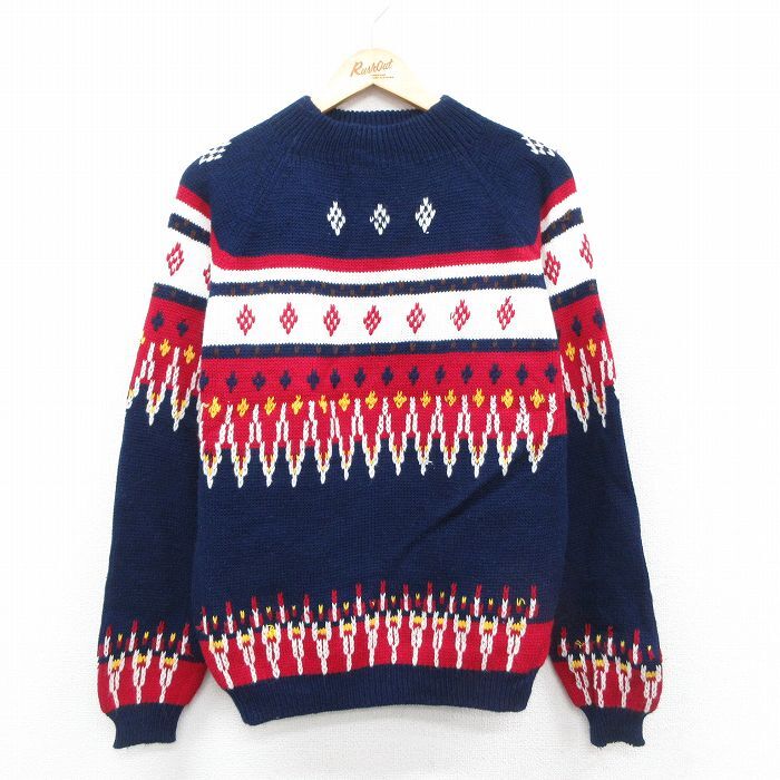 M/古着 長袖 セーター メンズ 80s ラグラン アクリル モックネック ハイネック 紺他 ネイビー 25oct30 中古 ニット トップス拍卖