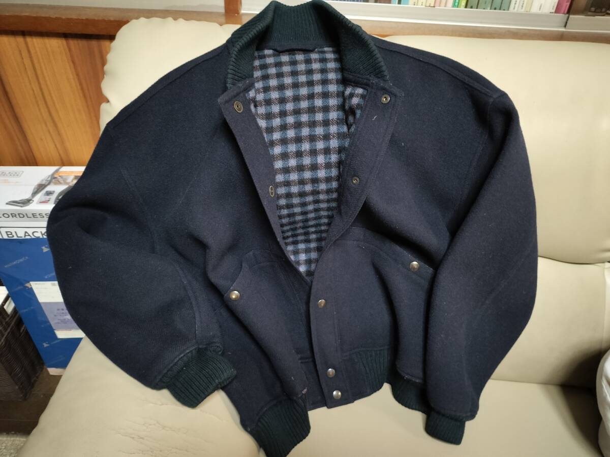 お洒落ですね~Paul Stuart ポールスチュアート Lサイズ モヘア混 ダブルフェイス ウールブルゾン 濃紺 チェック柄 スタジャン拍卖