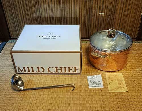 両手鍋 MILD CHIEF 直径 20cm 純銅製シチューポット 丸山技研 ガラス蓋・レードル・元箱付 昭和 レトロ 未使用拍卖