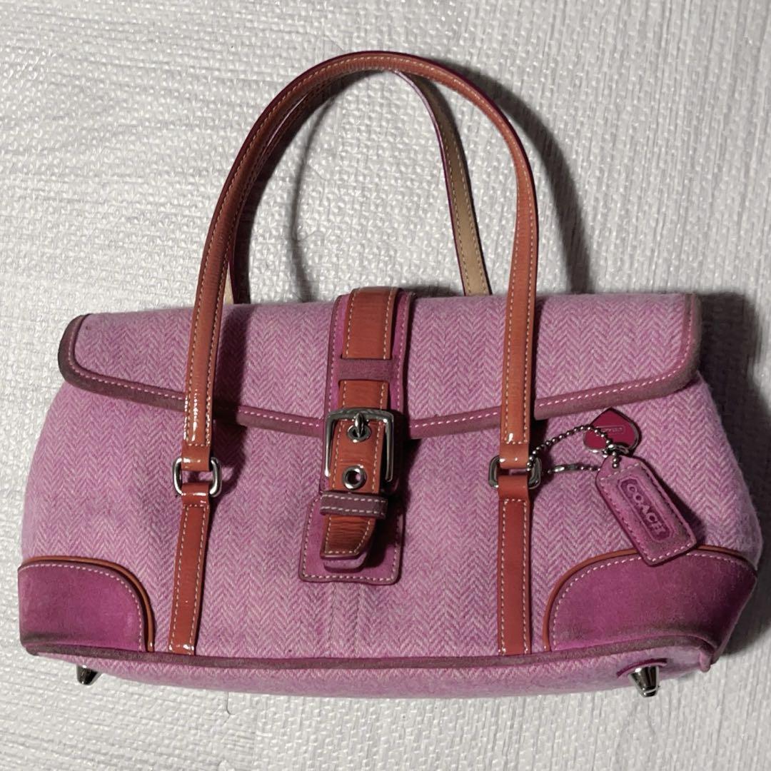 希少 レア COACH コーチ トートバッグ ピンク スウェード エナメル 手提げ 肩掛け チャーム コーデュロイ 金具 チャーム付き拍卖