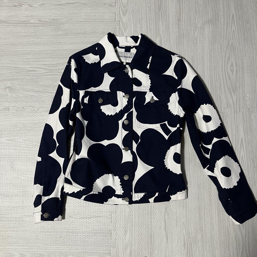 極美品 marimekko マリメッコ ウニッコ柄 ジャケット  定価約5万円  36 コットン アウター 総柄 ネイビー ホワイト シャツ拍卖