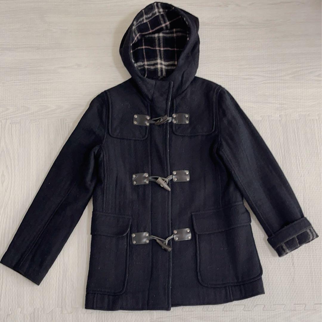 Burberry London バーバリーロンドン ダッフルコート ネイビー Lサイズ ノバチェック ウール フード付き 紺色 Pコート グレー拍卖