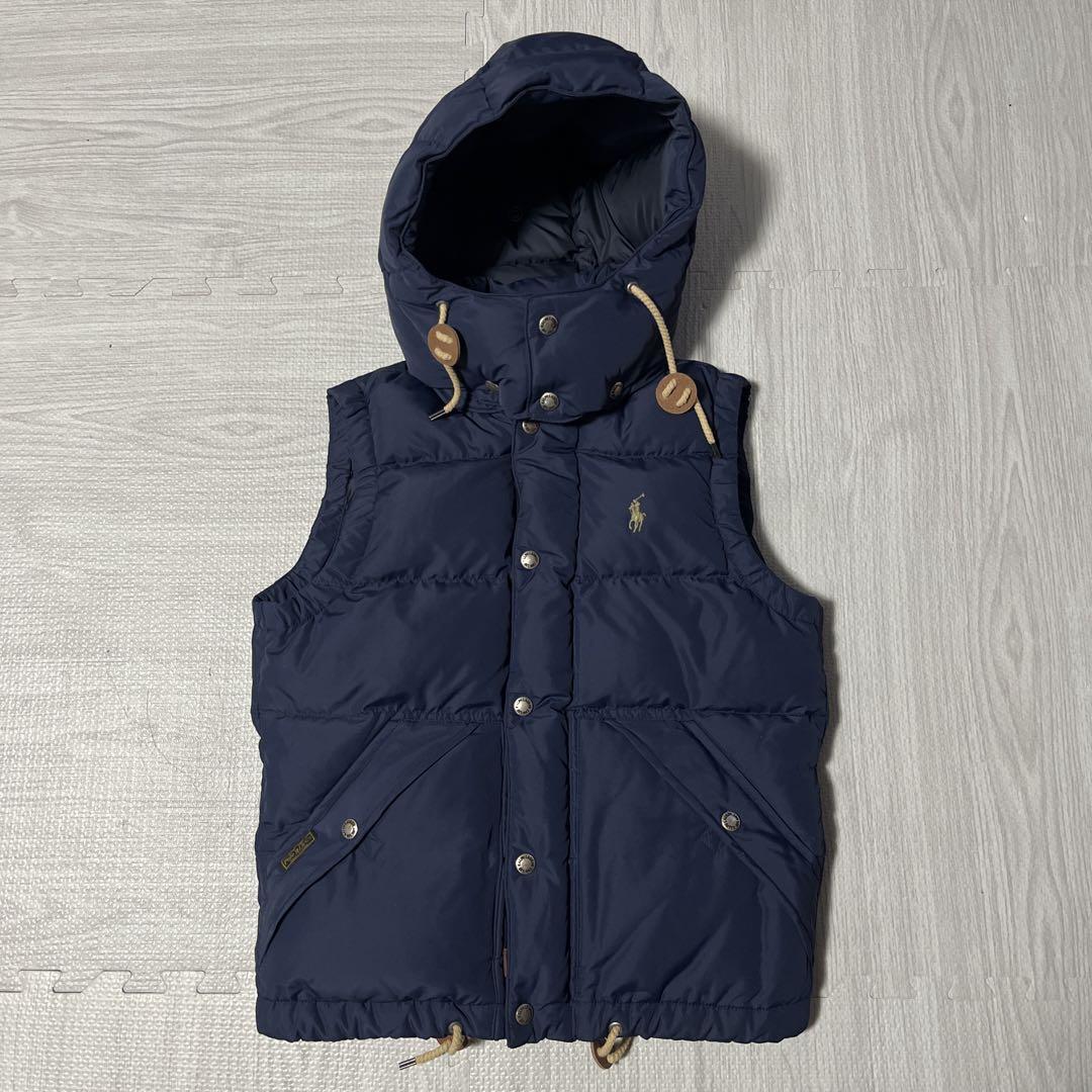 【極美品】 Polo RalphLauren ポロラルフローレン ダウンベスト フード レザー ポニー刺繍 紺色 ネイビー 人気 XS ユニセックス拍卖