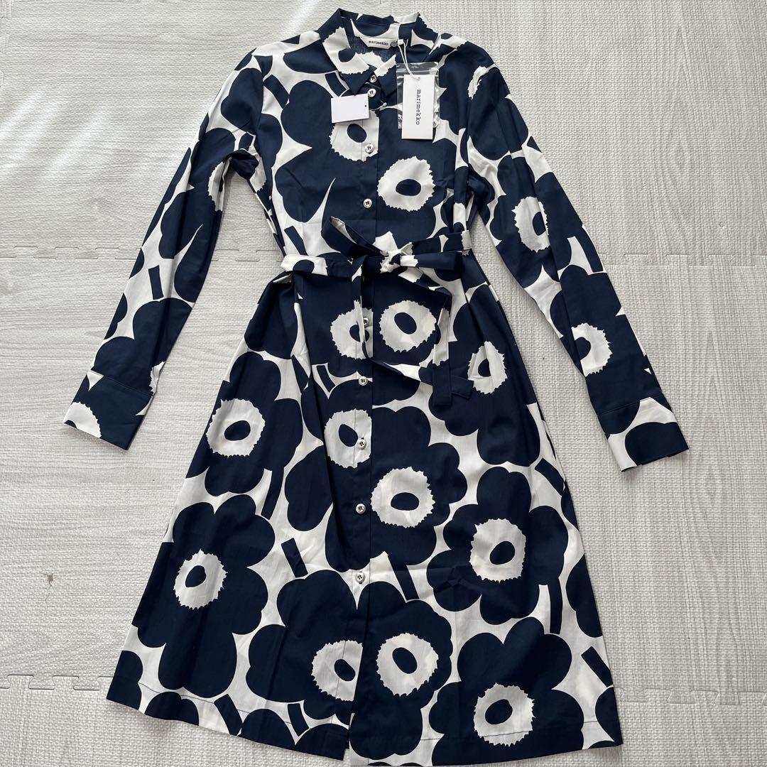 新品未使用 タグ付き marimekko マリメッコ ロング丈 シャツワンピース ウニッコ ベルト Aライン Iライン ネイビー ホワイト拍卖