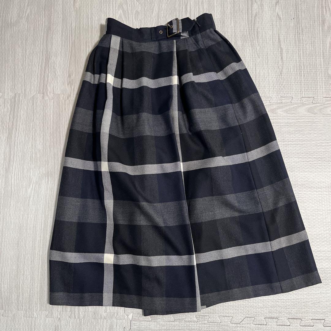 未使用に近い 美品 BLUE LABEL CRESTBRIDGE ブルーレーベルクレストブリッジ チェック ワイドパンツ 36 ベルト ネイビー ブラック 黒 拍卖