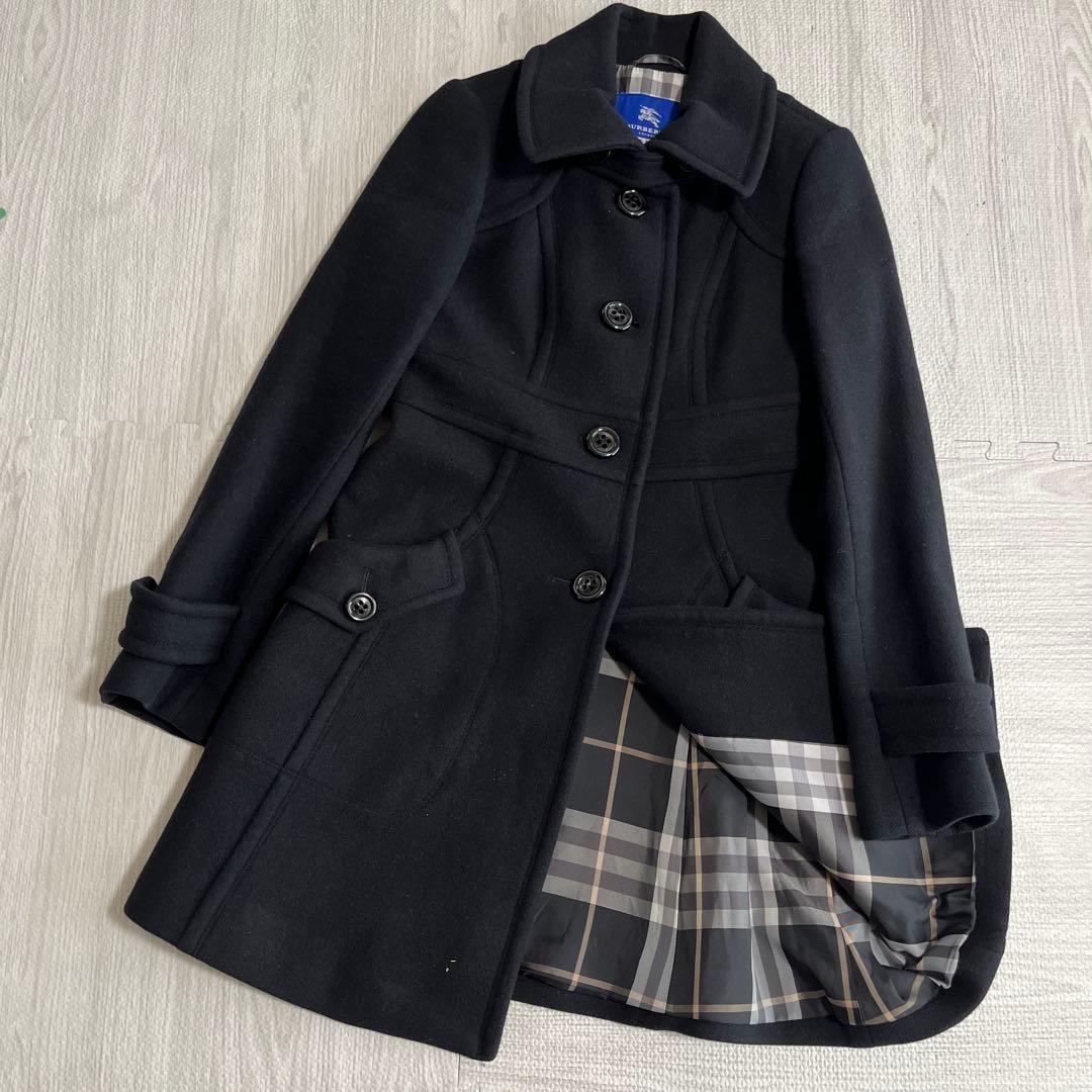 【極美品】 Burberry BLUE label バーバリーブルーレーベル ウールコート ノバチェック 黒 アンゴラ混 ブラック ロング シングル拍卖