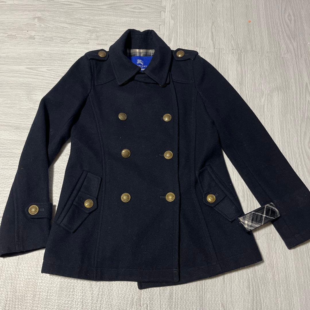 美品 Burberry BLUE label バーバリーブルーレーベル ナポレオンコート ノバチェック ネイビー Mサイズ 金ボタン Pコート 黒 ウール拍卖