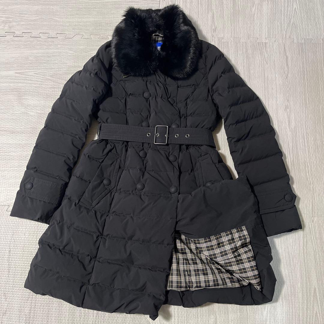【極美品】BLUE LABEL CRESTBRIDGE ブルーレーベルクレストブリッジ ダウンコート ラビットファー 着脱可能 Aライン ベルト 黒 ロング拍卖