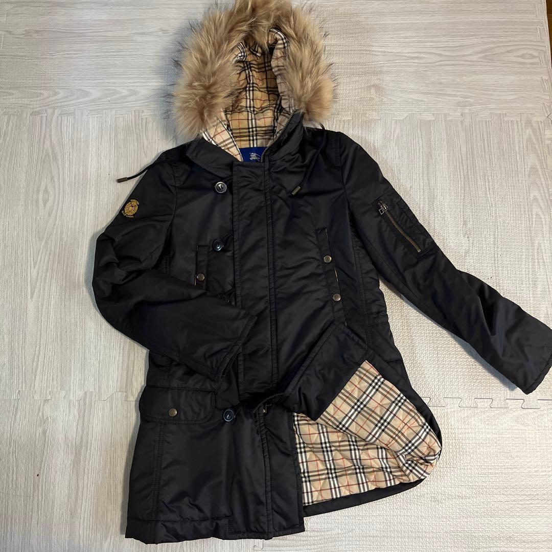 BURBERRY BLUE LABEL バーバリーブルーレーベル ノバチェック 裏地 モッズコート 黒 38 ブラック ファー付き ワッペン ロゴ M拍卖