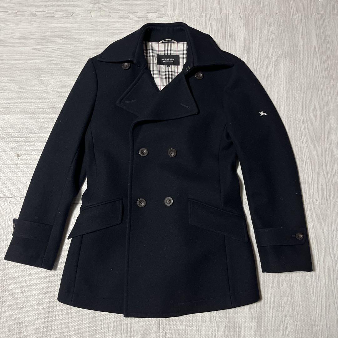 バーバリーブラックレーベル BURBERRY BLACK LABEL ダブル ブレスト ピーコート ウール M ホースロゴ ノバチェック Pコート ウール拍卖
