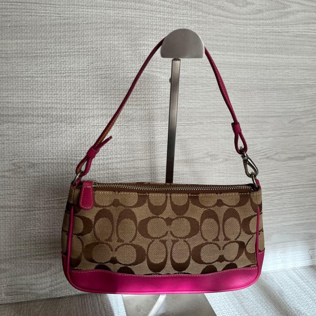COACH コーチ ワンショルダーバッグ ポーチ シグネチャー 6094 ピンク アクセサリーポーチ キャンパス レザー 希少カラー ハンドバック拍卖