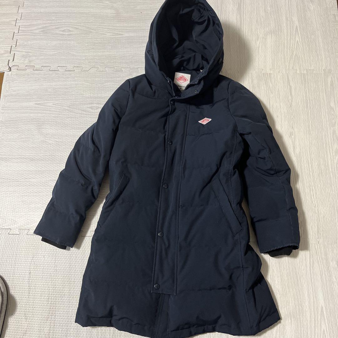 DANTON ダウン コート ネイビー フード付 エコファー 36 ロングコート ダントン Aライン レディース ベンチコート 良品拍卖