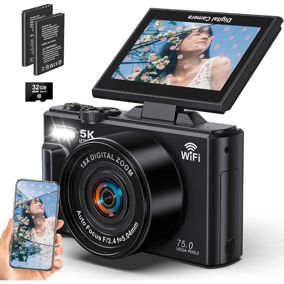 【5K録画】デジタルカメラ スマホに送れる 7500万画素 Wi-Fi機能 180度回転可能ディスプレイ 18倍デジタルズーム 3.0インチ大画面 961拍卖